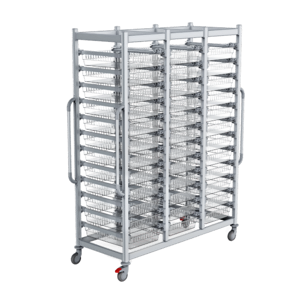 Triple wide HTM71 logistics trolley with clear trays