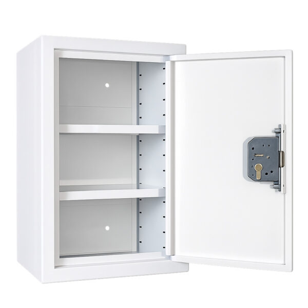 Controlled drugs cabinet – lockable white steel medical storage safe