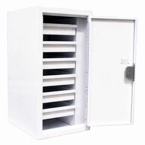 Controlled drugs cabinet – lockable white steel medical storage safe
