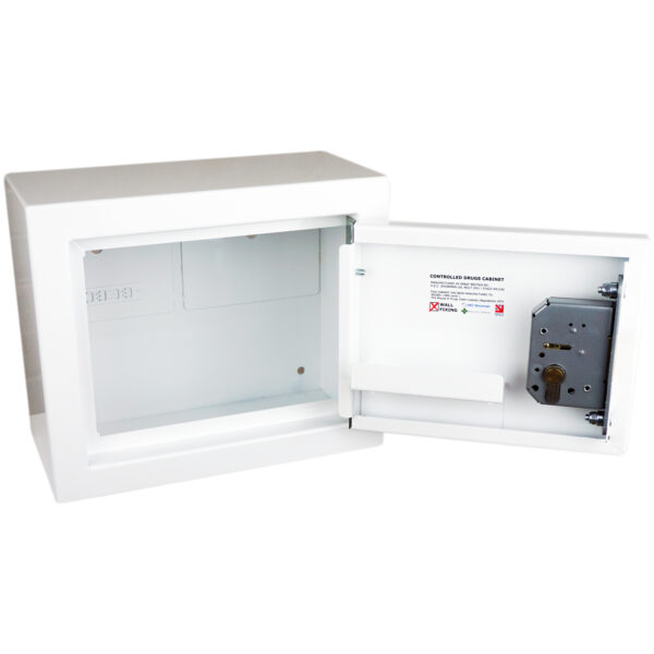Controlled drugs cabinet – lockable white steel medical storage safe