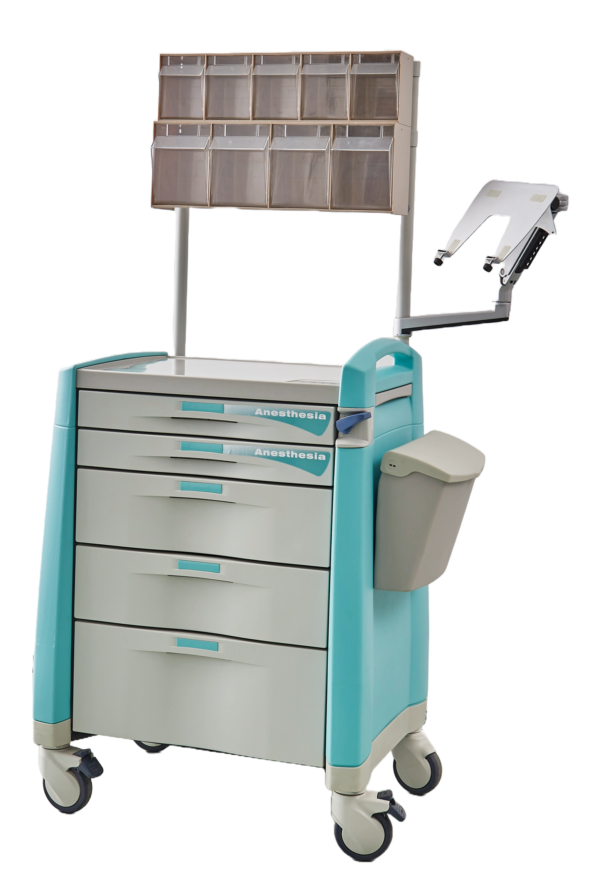 AC1000 anaesthesia trolley with five drawers, overhead storage organiser and waste bin