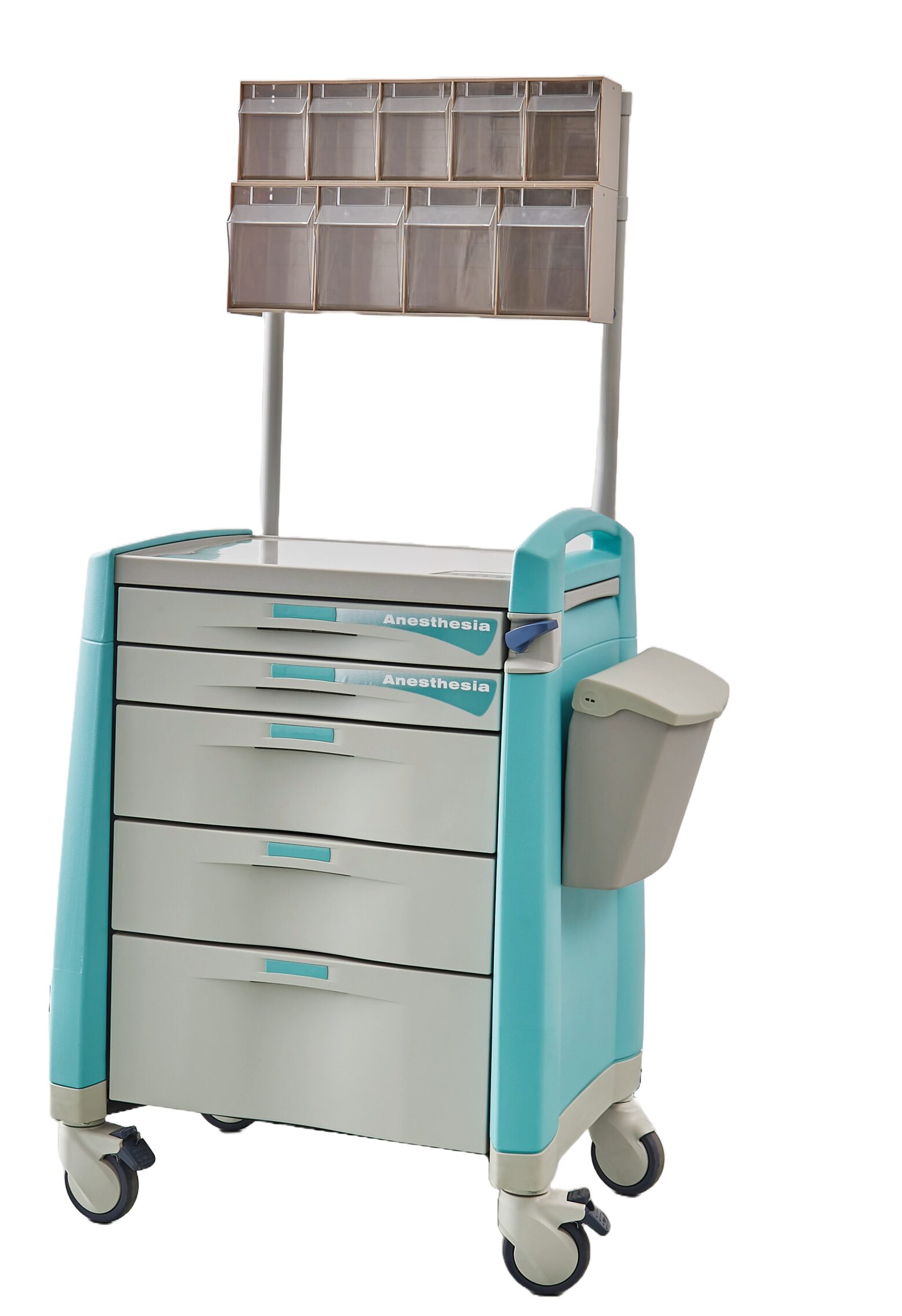 AC1000 anaesthesia trolley with five drawers, overhead storage organiser and waste bin
